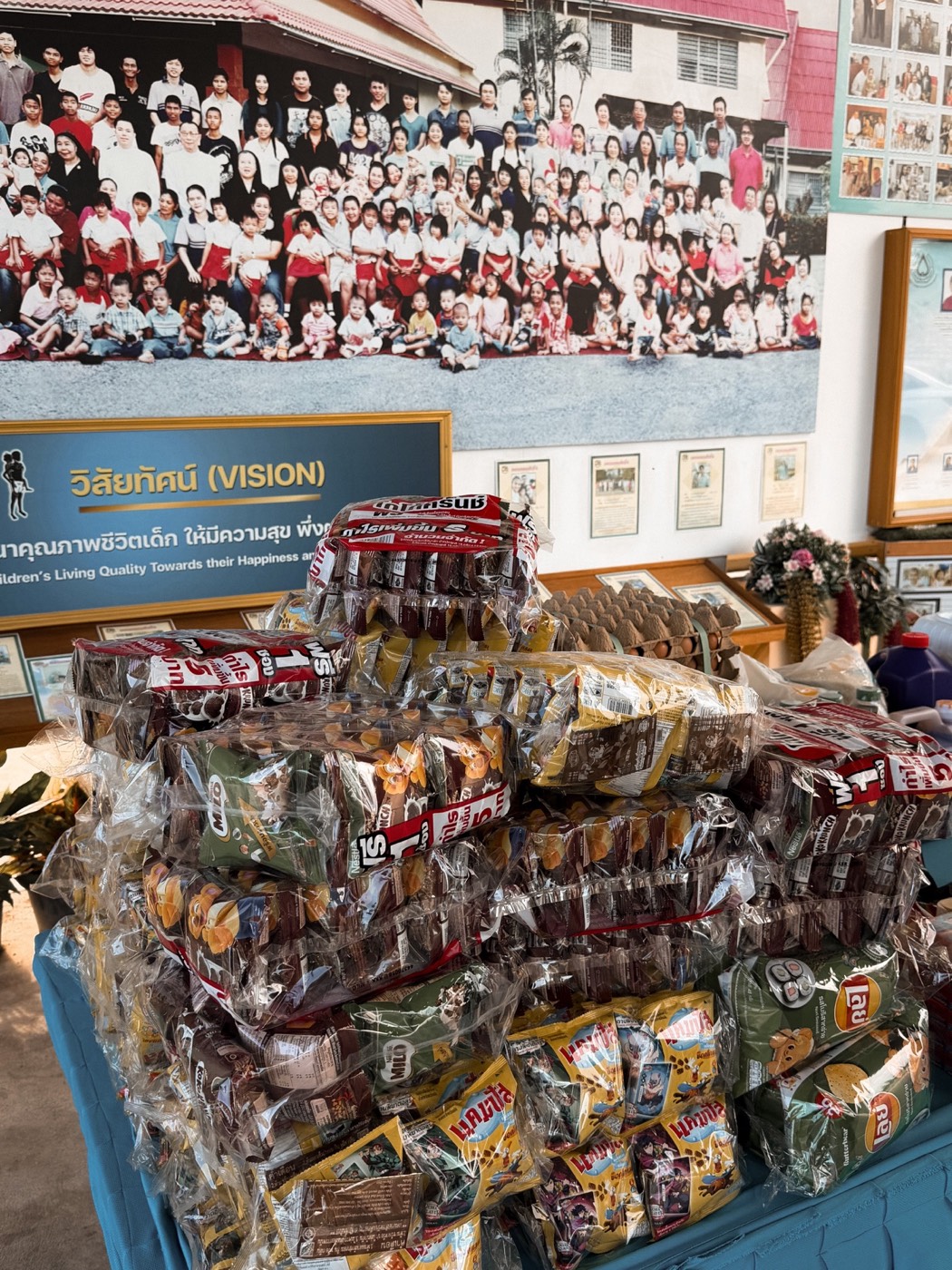 Groceries and essentials donated during Zion's orphanage visit in Thailand